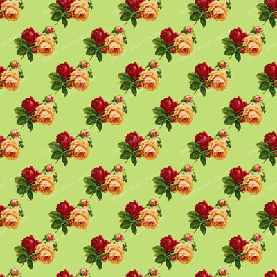 Red Roses, Yellow Roses, Floral Pattern, Leaves, Boho — Green