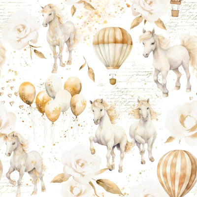 Cute Ponies and Balloons Pastel Colors Toile Pattern for Children on White