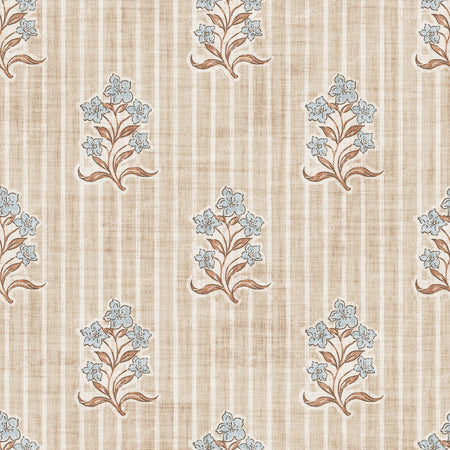 Agatha   Vintage Striped Block Print Floral   Beige & Blue