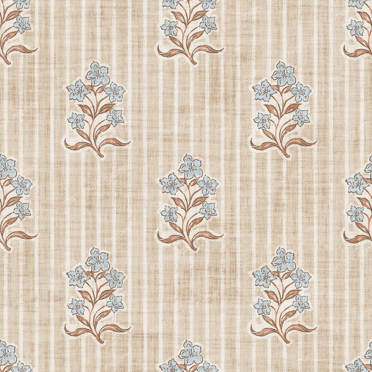 Agatha   Vintage Striped Block Print Floral   Beige & Blue