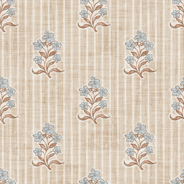 Agatha   Vintage Striped Block Print Floral   Beige & Blue