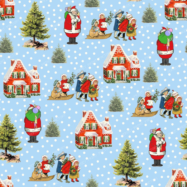Winter Holiday Scene with Santa Vintage Chic Cottagecore Pattern for Christmas on Blue Background