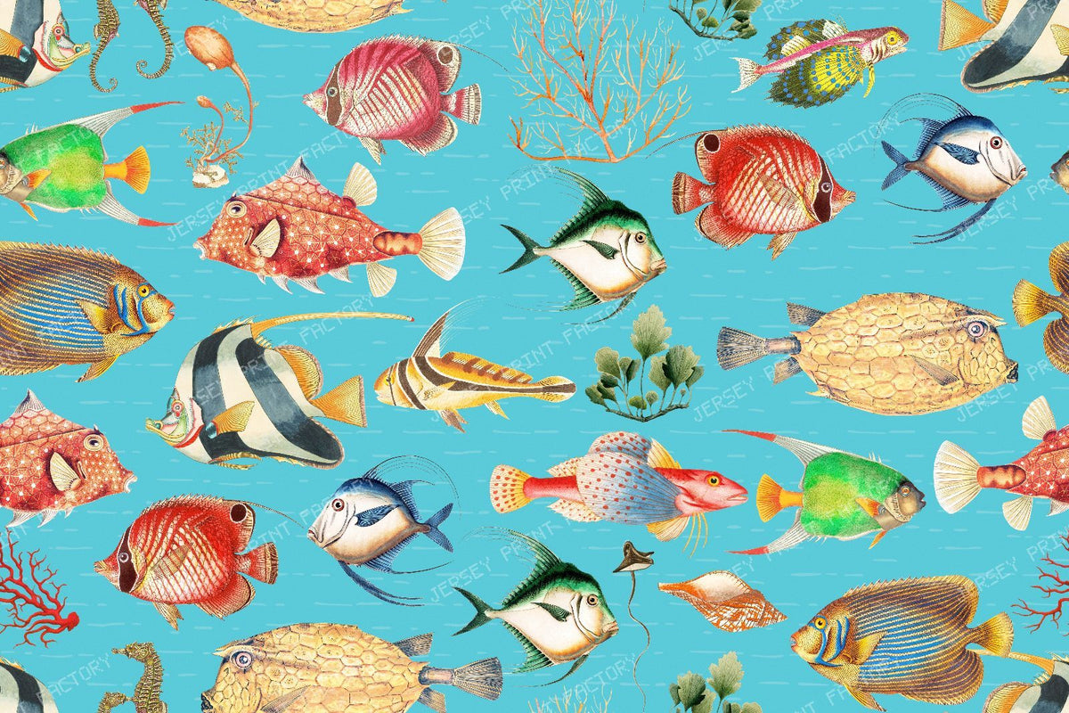 Vintage Tropical Fish with Exotic Marine Creatures and Underwater Sea Life - turquoise