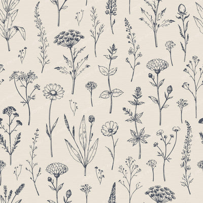 Botanical Sketch Herbarium Country Cottage Flowers - Slate & Dusty Blue — Charcoal and Beige