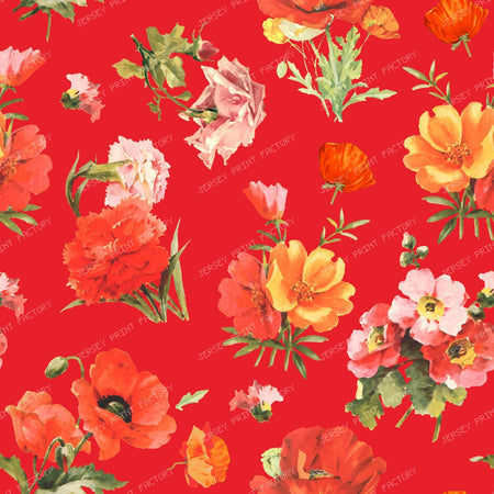 Small Red Poppy Flowers Bold Vibrant Floral Pattern on Red