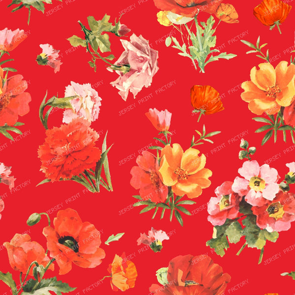 Small Red Poppy Flowers Bold Vibrant Floral Pattern on Red