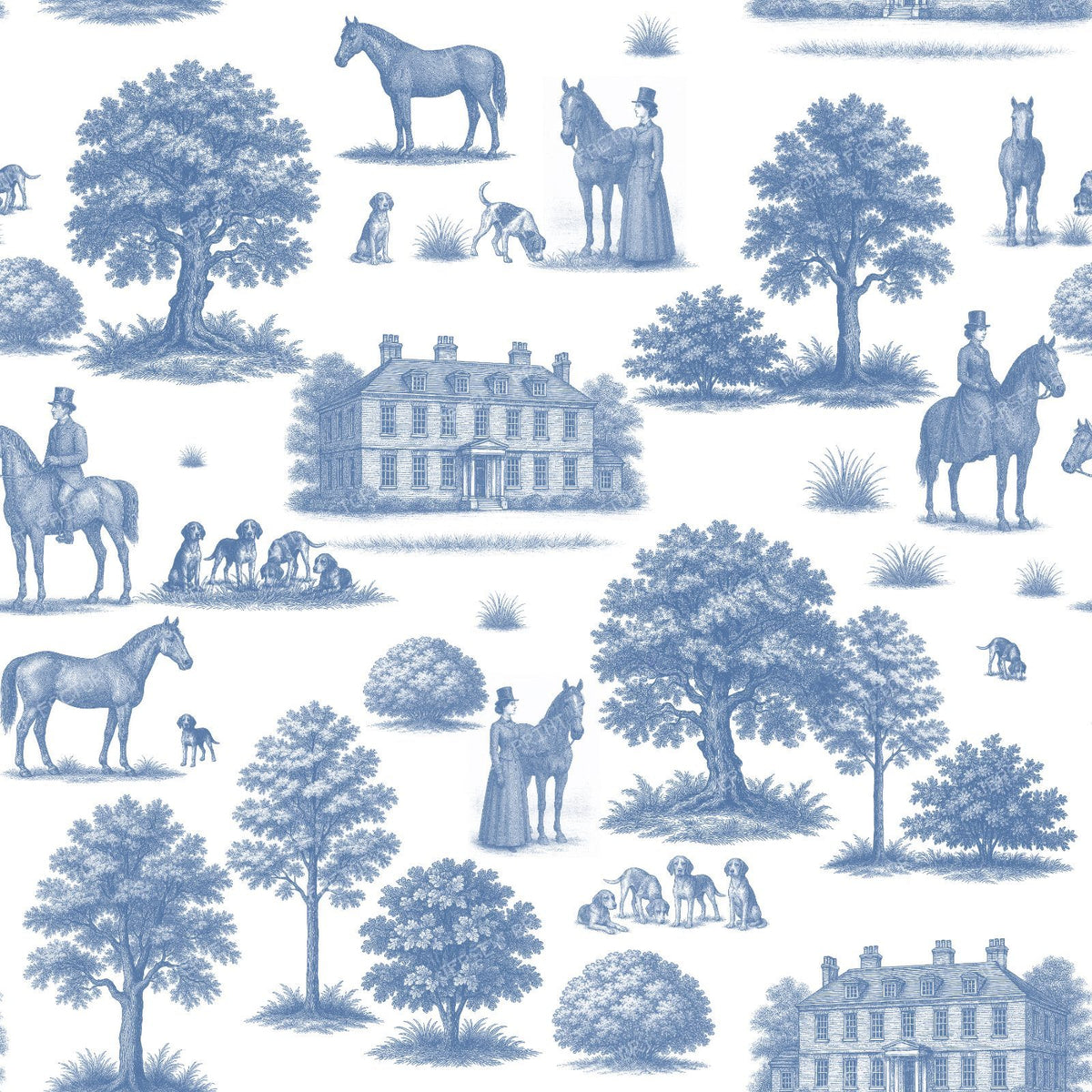 Vintage Blue and White Toile de Jouy with English Country Houses and Horses - Blue