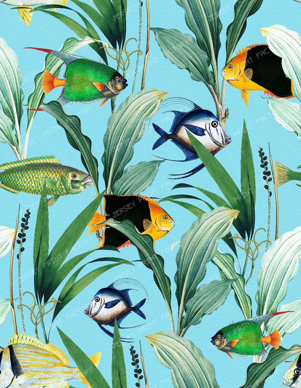 Vintage Tropical Fish Swimming Through Lush Aquatic Plants and Seaweed - Light Turquoise