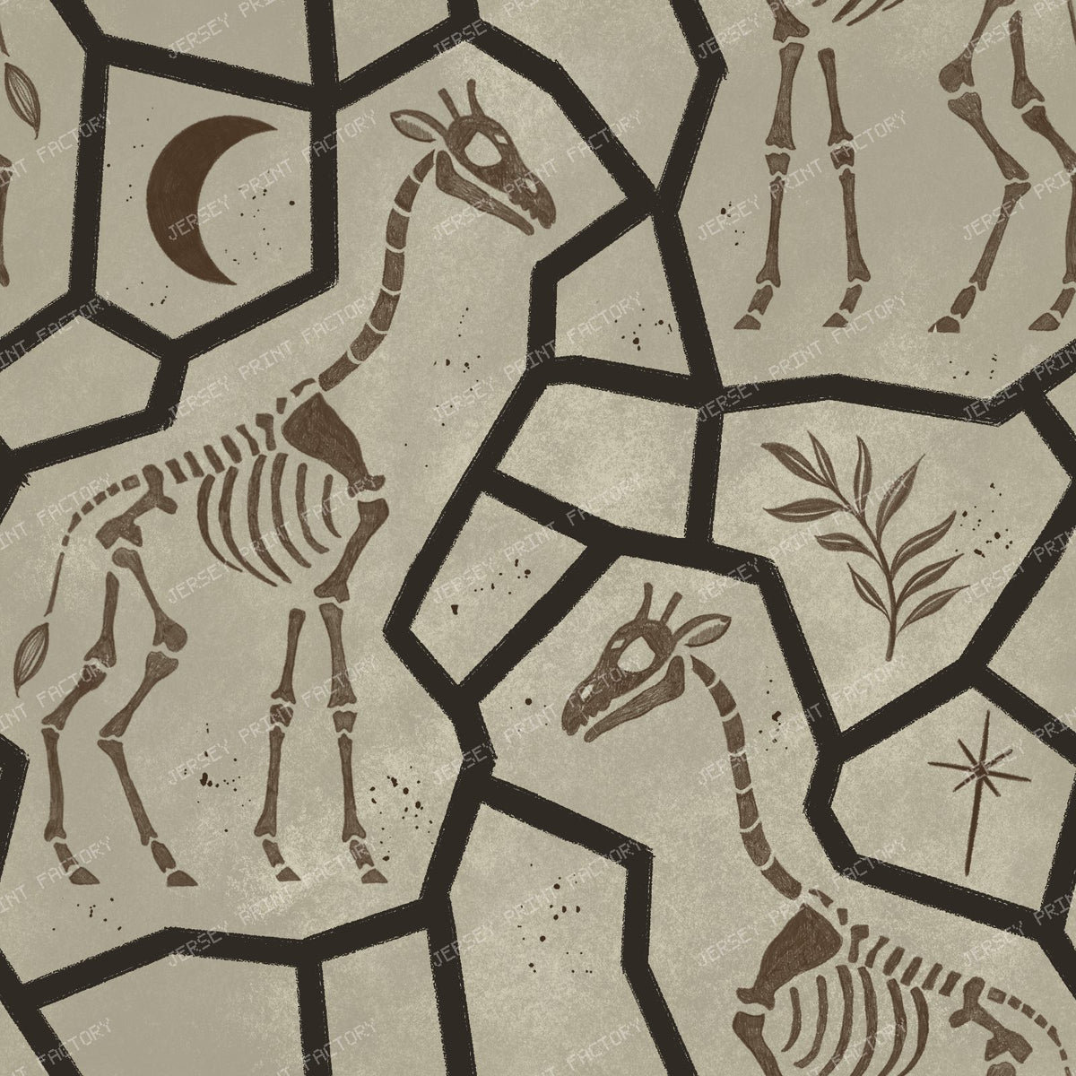 Giraffe Skeleton Animal Print - Dark Fossil Animal Print with Moon and Star monochrome — Neutral Fossil