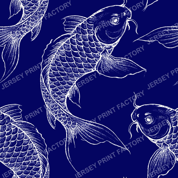 Navy Blue Koi Carp block print toile