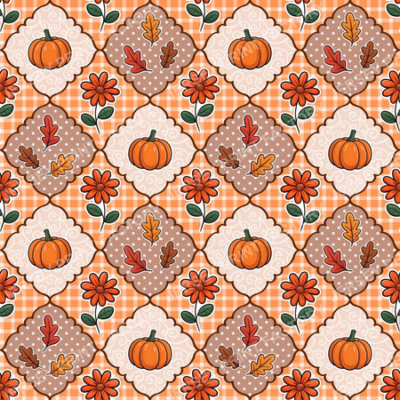 Fall Autumn Plaid Patchwork With Pumpkins Flowers And Leaves