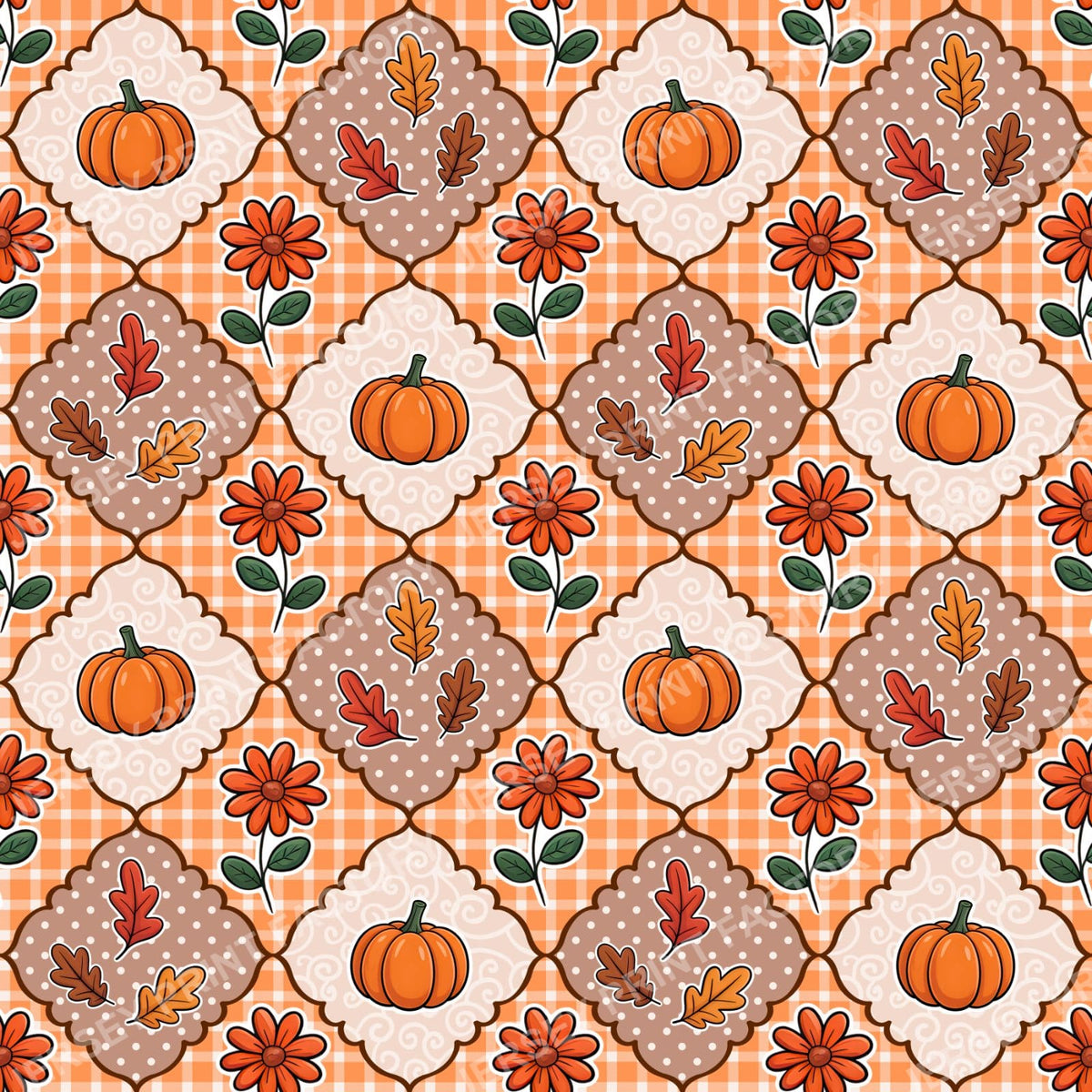 Fall Autumn Plaid Patchwork With Pumpkins Flowers And Leaves