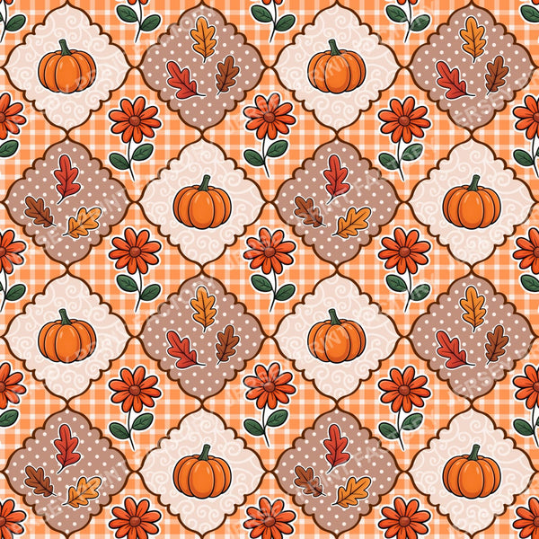 Fall Autumn Plaid Patchwork With Pumpkins Flowers And Leaves