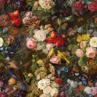 A Baroque Rococo Dark Floral Pattern with Birds