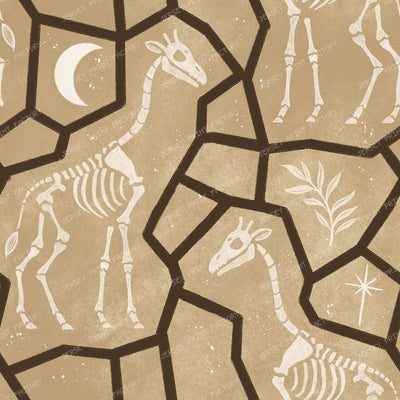 Monochrome, Giraffe Skeleton Animal Print Dark Fossils With Moon And Star — Neutral and White fossil