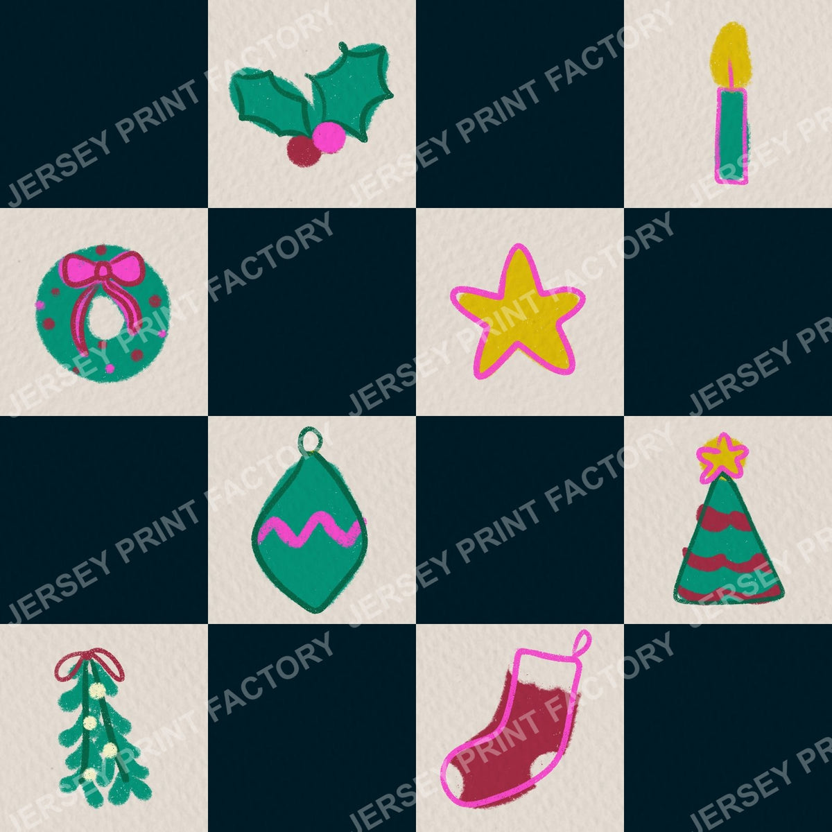 Christmas Checkerboard with Festive Doodles in Dark Blue Black