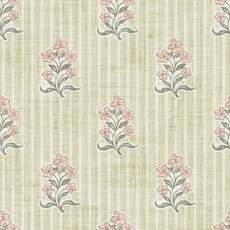 Agatha   Vintage Striped Block Print Floral   Light Green & Pink