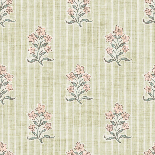 Agatha   Vintage Striped Block Print Floral   Light Green & Pink