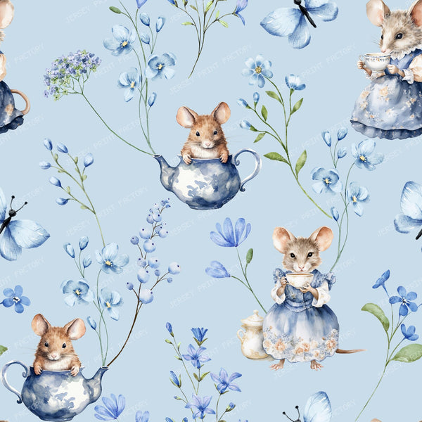 Cute Mice and Blue Flowers Cottagecore Toile Pattern for Children - Blue Background