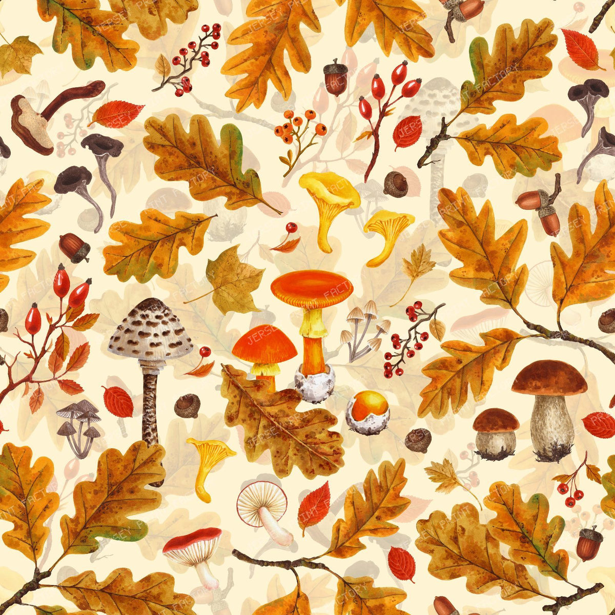 Forest mushrooms and autumn flora on brown — on cream