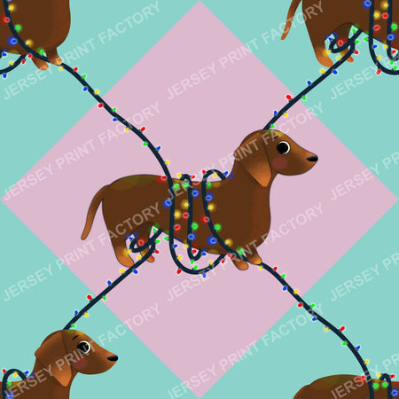 Sausage Dog in String Lights - Winter Weiner Festive Diamonds Green and Pink
