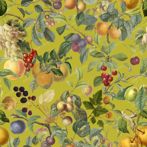 Fruit Abundant Orchard Colorful Botanical Pattern - Chartreuse