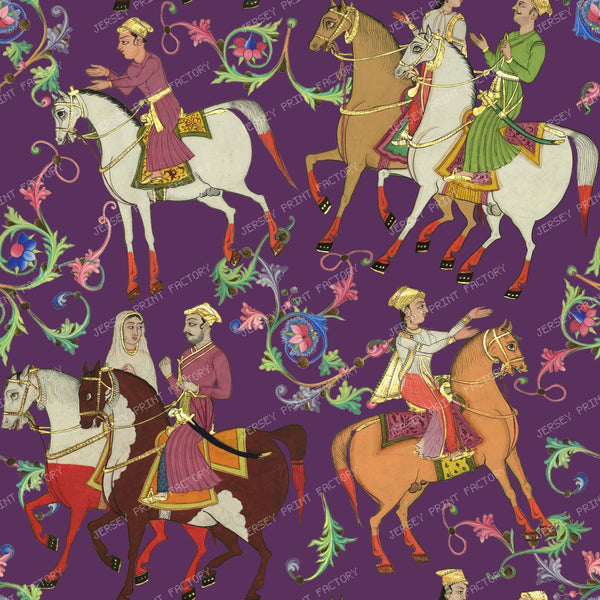 Horseback Riding and Colorful Ornaments, Medieval Persian Motif with Wedding Scenes on Plum Purple Background