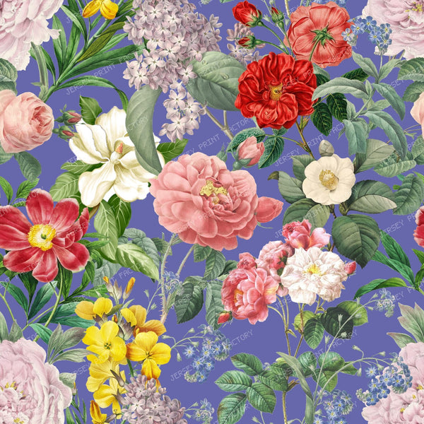 Lush Summer Garden Floral Botanical Pattern on Perivinkle Blue