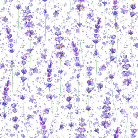 Lavender flowers and purple splashes watercolor seamless pattern on white background
