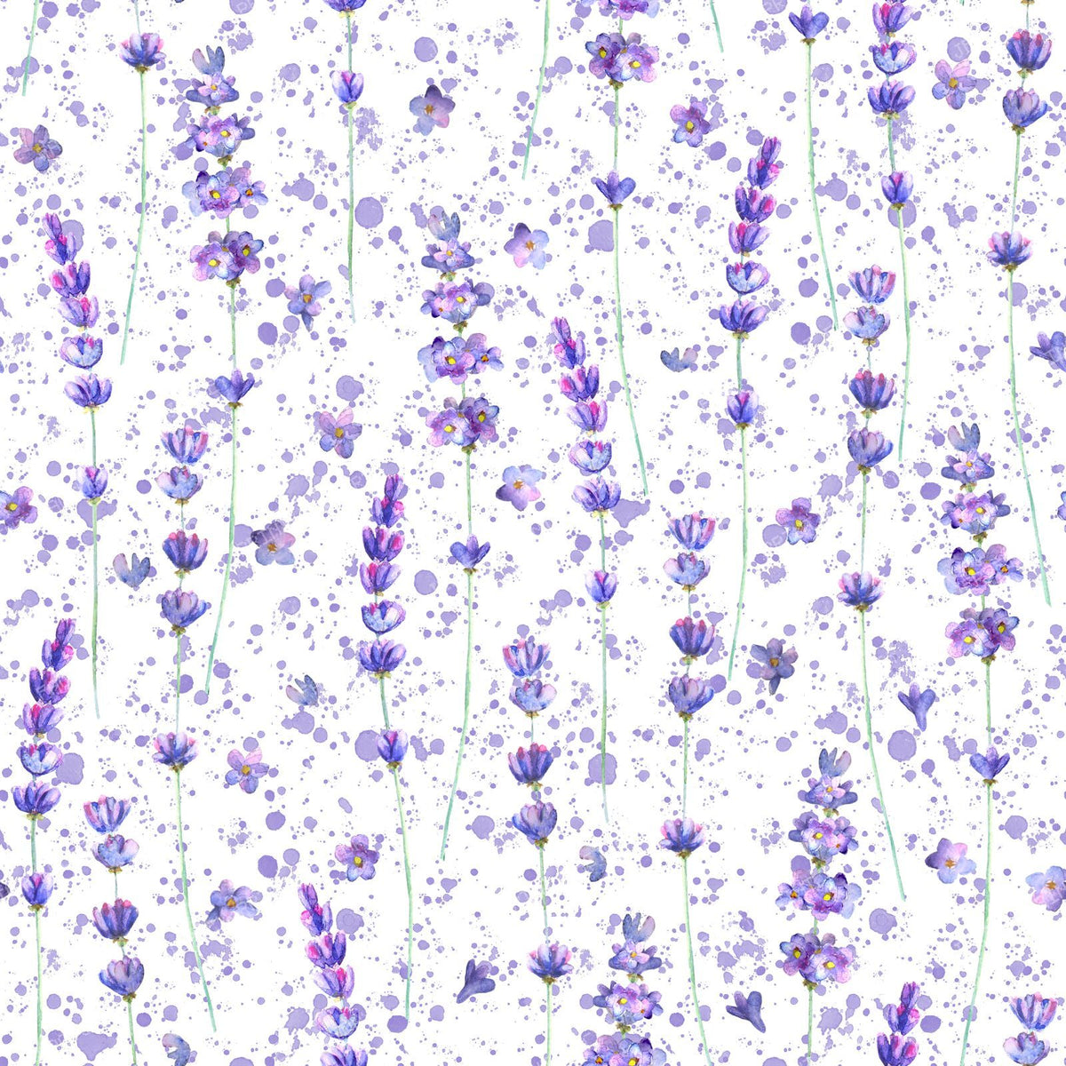 Lavender flowers and purple splashes watercolor seamless pattern on white background