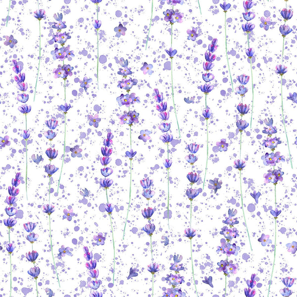 Lavender flowers and purple splashes watercolor seamless pattern on white background