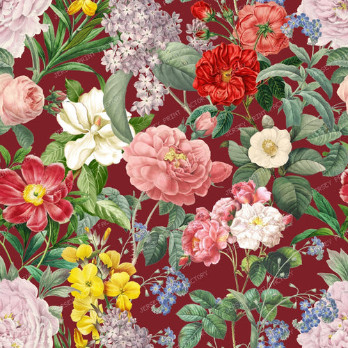 Lush Summer Garden Floral Botanical Pattern on Dark Red