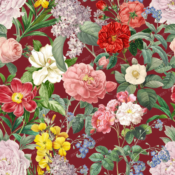Lush Summer Garden Floral Botanical Pattern on Dark Red