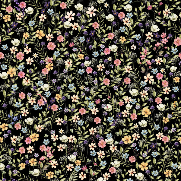 Tiny flowers garden - Watercolor flowers on black background - scale xxs