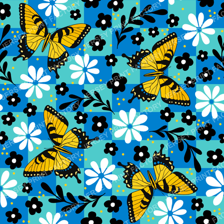 Yellow Tiger Swallowtail Butterfy Floral Checkerboard in Blue