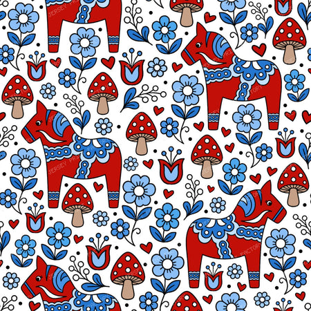 Dala Horse Swedish Scandinavian Floral Red Blue