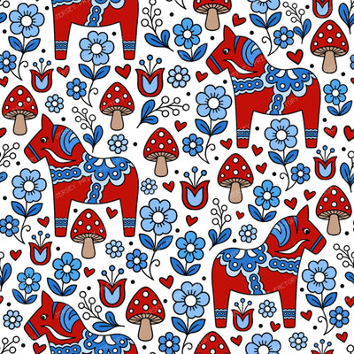 Dala Horse Swedish Scandinavian Floral Red Blue