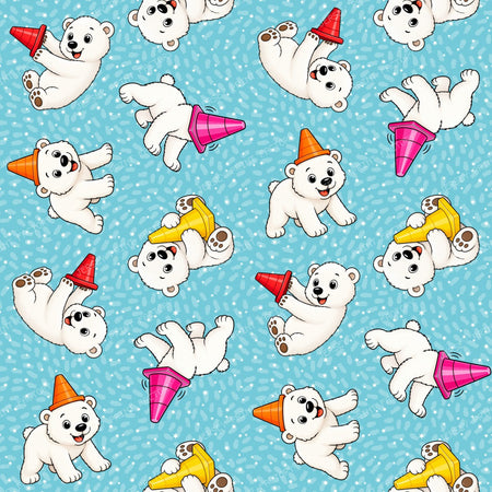 Playful Momota Polar Bear and Cones on Ice Blue