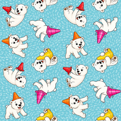 Playful Momota Polar Bear and Cones on Ice Blue