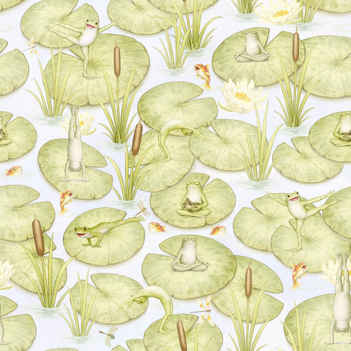 Whimsical Vintage Yoga Frogs on Lily Pads with Water Lilies in a Peaceful Pond - Light Pastel