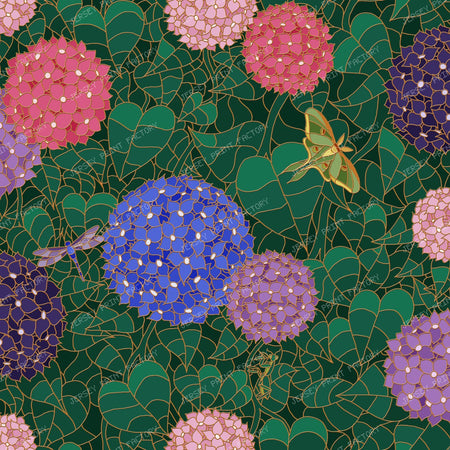 Stained Glass Hydrangea Garden — Sunlit Bronze with Luna Moth