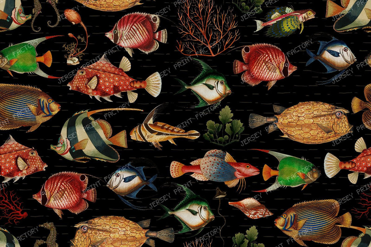 Vintage Tropical Fish with Exotic Marine Creatures and Underwater Sea Life - turquoise — Black