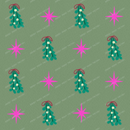 Whimsical Winter Mistletoe and Pink Stars on Purple — Muted Green