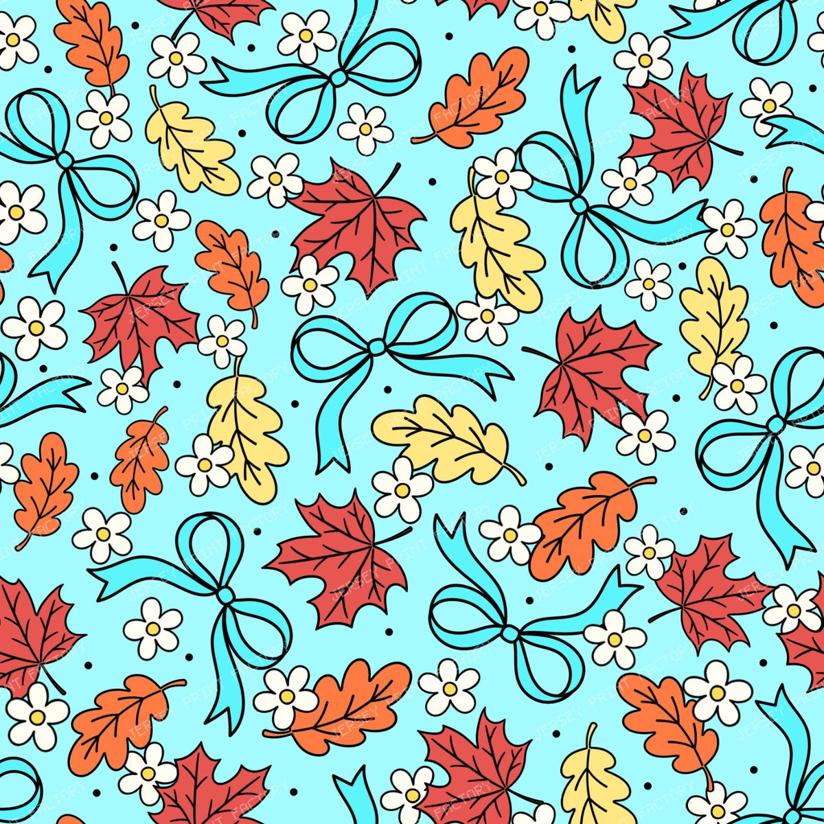 Fall Leaves And Daisy Flowers Autumn Coquette Bows On Blue