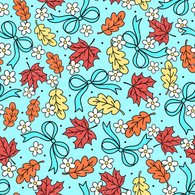 Fall Leaves And Daisy Flowers Autumn Coquette Bows On Blue