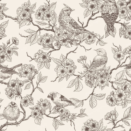 Birds and cherry blossom on white — in brown and off white