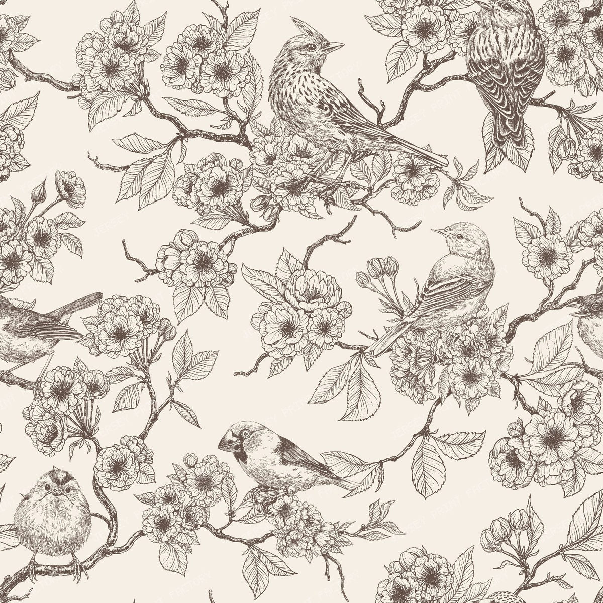 Birds and cherry blossom on white — in brown and off white