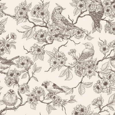 Birds and cherry blossom on white — in brown and off white