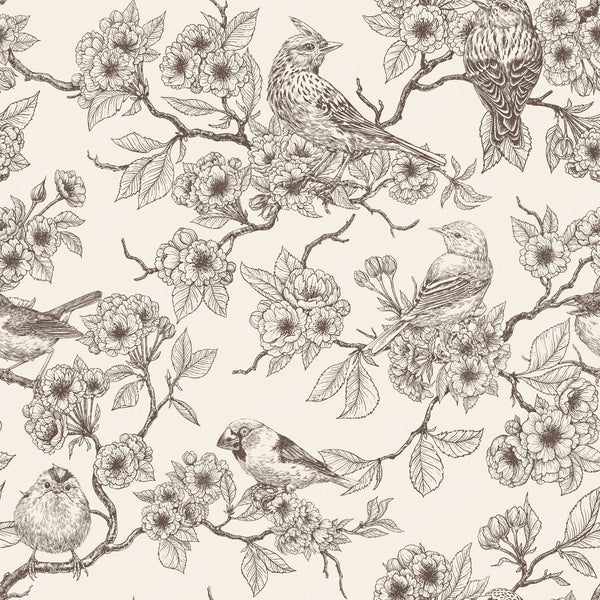 Birds and cherry blossom on white — in brown and off white
