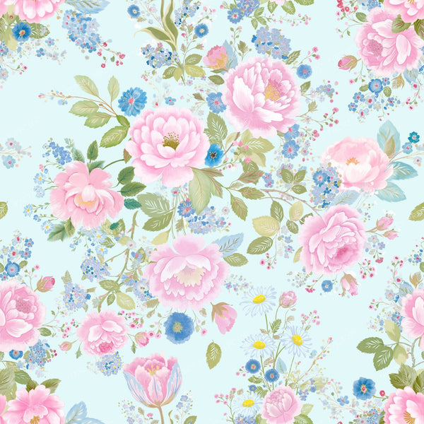 Pink Roses Garland Cottagecore Floral Pattern on Pastel  Blue Background
